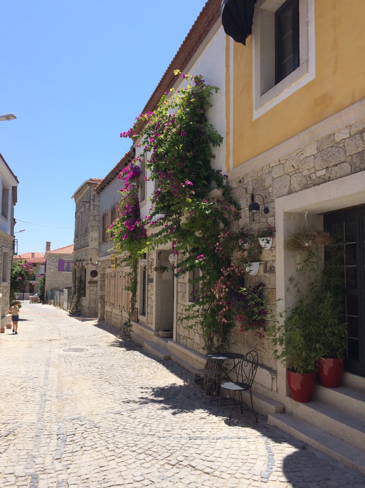 Bougainvillea over restored stone houses on a cobbled street in Alacati old town